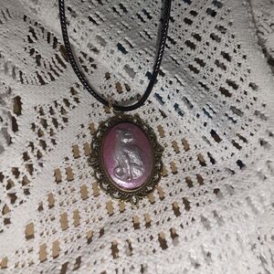 Pink Cat Cameo In Bronze Tone Metal Frame 16-18 Adjustable Cord Necklace